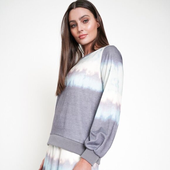 MYSTREE Grey & Blue Tie-Dye Sweatshirt, Long Sleeve Pullover Top - Picture 3 of 4